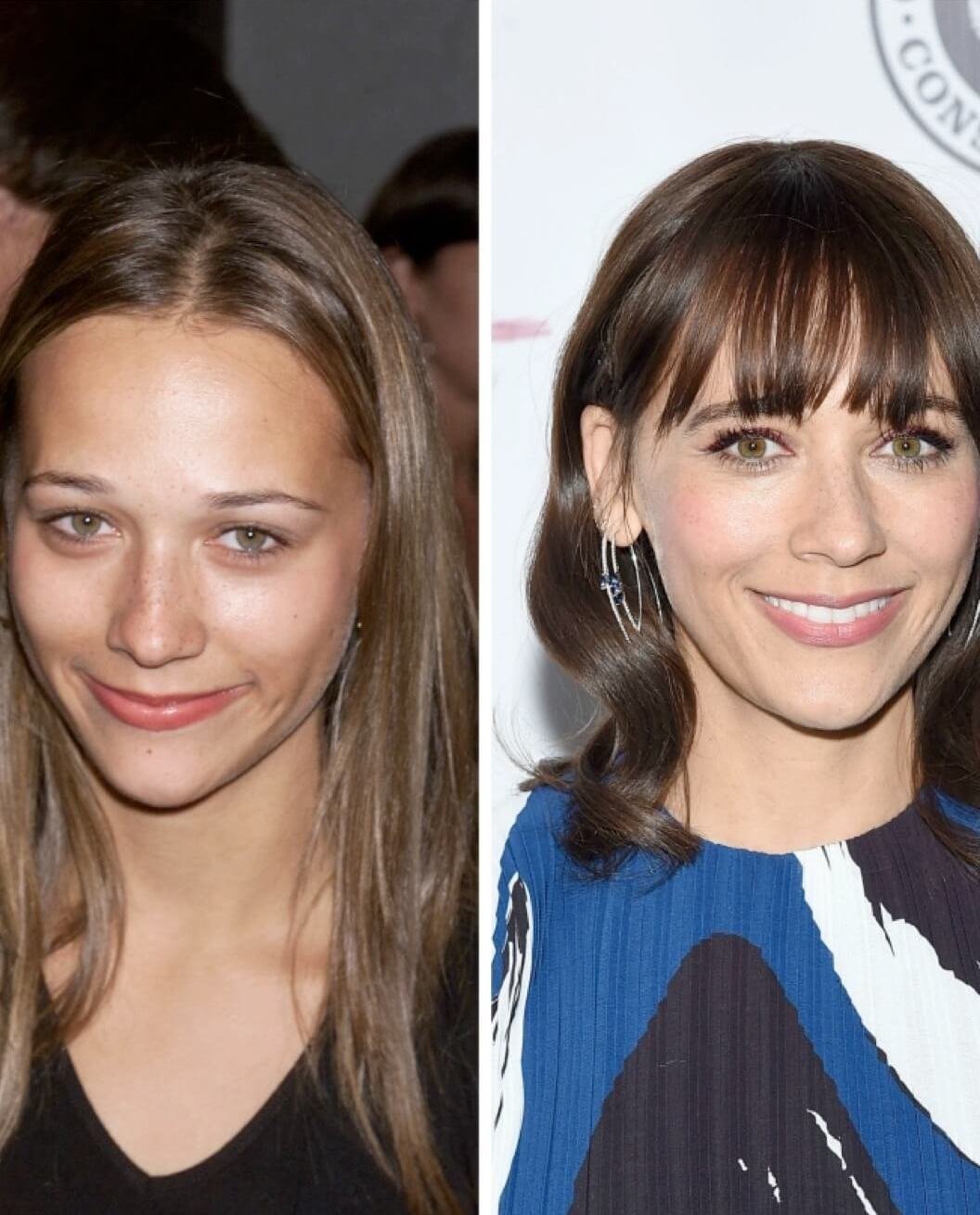 Rashida Jones in side-by-side comparison before and after photos. Her face looks different indicating that she possibly had plastic surgery.